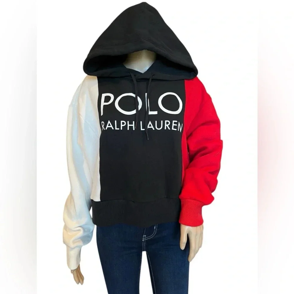 Polo Ralph Lauren Womens Color Block Logo Hoodie Black/ Multi Pullover Size M - Picture 3 of 14